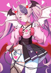 Rule 34 | 1girl, ahoge, black nails, black skirt, blush, choker, demon girl, demon tail, demon wings, detached sleeves, earrings, hair ornament, head wings, heart, heart ahoge, heart hair ornament, heart hands, heart o-ring, highres, ironmouse, ironmouse (13th costume), jewelry, long hair, looking at viewer, low wings, multicolored hair, multiple wings, nail polish, o-ring, o-ring choker, one eye closed, pantyhose, pink background, pink hair, pink nails, pink shirt, pointy ears, purple hair, red choker, red eyes, shirt, single earring, single leg pantyhose, skirt, smile, solo, streaked hair, tail, twintails, u-ta, virtual youtuber, vshojo, white pantyhose, wings
