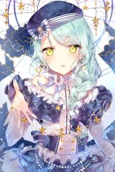 Rule 34 | 1girl, :d, alternate hairstyle, bad id, bad pixiv id, bang dream!, beret, blue bow, blue hat, blue ribbon, bow, braid, brooch, center frills, clothing cutout, constellation, constellation hair ornament, corset, earrings, frilled shirt collar, frills, gemini (constellation), green eyes, green hair, hair bow, hair over shoulder, hat, hat bow, highres, hikawa sayo, jacket, jewelry, long hair, long sleeves, looking at viewer, neck ribbon, necklace, open mouth, outstretched arm, pearl necklace, ribbon, shoulder cutout, single braid, skirt, smile, solo, sparkle, star (symbol), striped neckwear, striped ribbon, taya oco, upper body, vertical stripes, yellow eyes