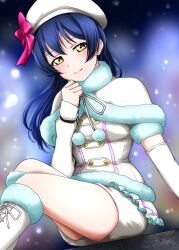 Rule 34 | 1girl, blue hair, hat, highres, long hair, looking at viewer, love live!, love live! school idol project, sitting, smile, snow halation, solo, sonoda umi, surv1v3-13005993, yellow eyes