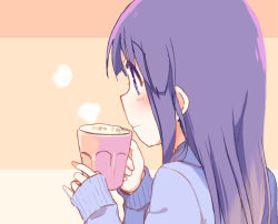 Rule 34 | 1girl, blue sweater, blunt bangs, blush, closed mouth, cup, from behind, hinata yukari, holding, holding cup, long hair, looking afar, multicolored background, purple eyes, purple hair, sidelocks, simple background, smile, solo, sweater, tatsunokosso, upper body, yuyushiki
