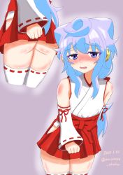Rule 34 | 1boy, absurdres, artist request, ass, blue hair, blush, crossdressing, from behind, hacka doll, hacka doll 3, highres, japanese clothes, long hair, male focus, miko, open mouth, purple eyes, solo, thighhighs, trap