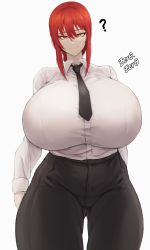 Rule 34 | 1girl, ?, absurdres, black neckwear, black pants, breasts, chainsaw man, curvy, gigantic breasts, gluteal fold, highres, huge breasts, long hair, long sleeves, looking at viewer, makima (chainsaw man), necktie, pants, red hair, shirt, shirt tucked in, sidelocks, smile, solo, thick thighs, thighs, tight clothes, tight pants, white background, white shirt, wide hips, yellow eyes, zer0.zer0