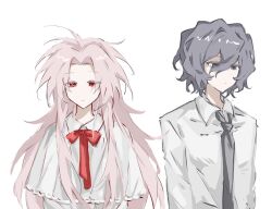 Rule 34 | 2boys, capelet, chinese commentary, closed mouth, collared shirt, commentary request, expressionless, grey eyes, grey hair, grey necktie, hair between eyes, hatsutori hajime, highres, jiekuijiangshadaonijiamenkou, long hair, long sleeves, male focus, multiple boys, necktie, no nose, parted bangs, pink hair, red eyes, red ribbon, ribbon, saibou shinkyoku, shirt, short hair, simple background, upper body, utsugi noriyuki, white background, white capelet, white shirt