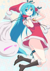Rule 34 | 1girl, aqua eyes, aqua hair, ass, bag, boots, christmas, gloves, hat, hatsune miku, jumping, long hair, nichiki, open mouth, panties, pantyshot, project diva (series), project diva 2nd, red gloves, santa costume, santa hat, smile, solo, underwear, very long hair, vocaloid