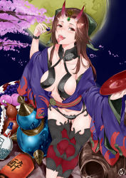 Rule 34 | 1girl, absurdres, armor, breasts, brown eyes, brown hair, cherry blossoms, cosplay, cup, fangs, fate/grand order, fate (series), food, gourd, greaves, hair ornament, highres, holding, holding cup, holding food, horns, iapoc, japanese clothes, jintsuu (kancolle), kantai collection, kimono, lantern, long hair, moon, night, off shoulder, oni, paper lantern, revealing clothes, sakazuki, shuten douji (fate), shuten douji (fate) (cosplay), sitting, skin-covered horns, solo, tongue, tongue out, tree, wide sleeves