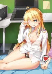 Rule 34 | 10s, 1girl, ahoge, black panties, blonde hair, blue eyes, breasts, cleavage, clothing cutout, collarbone, drawing tablet, dress shirt, hair between eyes, heart, heart cutout, highres, holding hands, indoors, large breasts, new game!, one eye closed, panties, shirt, sidelocks, sleeves past wrists, solo, solo focus, spoken heart, thighs, underwear, white shirt, yagami kou, yuxian youka