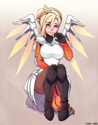 Rule 34 | 1girl, 5-ish (crevettavt), blonde hair, blue eyes, halo, looking at viewer, mechanical halo, mechanical wings, mercy (overwatch), overwatch, overwatch 1, ponytail, short ponytail, sitting, smile, solo, wings