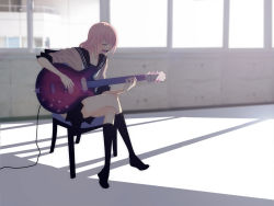 Rule 34 | 1girl, alternate hairstyle, black socks, blush, closed eyes, crossed legs, cup, guitar, happy, highres, hime cut, instrument, just be friends (vocaloid), legs, long hair, lps(guitar), megurine luka, music, pink hair, school uniform, singing, sitting, sleeves rolled up, smile, socks, solo, vocaloid, wallpaper, yunomi, yunomi (yunomi imonuy)