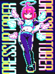 Rule 34 | 1girl, ahoge, angel wings, animated, animated gif, black background, detached wings, english text, halo, looking at viewer, lynte, midriff, navel, original, pink eyes, pink hair, pixel art, short hair, simple background, solo, v, wings