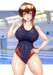 Rule 34 | 00s, 1girl, ayato, bad id, bad pixiv id, blush, breasts, brown eyes, brown hair, competition swimsuit, hand on own hip, highres, huge breasts, looking at viewer, mamoru (sister princess), naughty face, aged up, one-piece swimsuit, short hair, sister princess, sunglasses, sunglasses on head, swimsuit, whistle