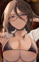 Rule 34 | 1girl, amanda (oni noodle), arm up, bad id, bad twitter id, bikini, blue eyes, breasts, brown hair, choker, cleavage, collar, collared shirt, covered erect nipples, glasses, highres, huge breasts, looking at viewer, makeup, mascara, micro bikini, nail polish, oni kanzei, open clothes, open shirt, original, parted lips, shirt, solo, swimsuit, unbuttoned, unbuttoned shirt, underboob, undersized clothes, upper body
