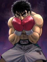 Rule 34 | 1boy, adobe illustrator (medium), black hair, boxing, boxing gloves, boxing shorts, clip studio paint (medium), collarbone, commentary, dempsey roll, drawing, english commentary, fighting stance, hair between eyes, hajime no ippo, highres, looking at viewer, makunouchi ippo, male focus, muscular, muscular male, self-upload, serious, short hair, shorts, solo, spero-manga, upper body