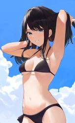 Rule 34 | 1girl, absurdres, arm up, armpits, bikini, black bikini, black hair, blue eyes, blue sky, blush, breasts, cleavage, cloud, cloudy sky, commentary, cowboy shot, hands in hair, highres, idolmaster, idolmaster shiny colors, kazano hiori, long hair, looking at viewer, medium breasts, navel, parted lips, sky, smile, solo, standing, starshell, stomach, swept bangs, swimsuit