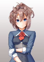 Rule 34 | 1girl, artist logo, ascot, blue eyes, brown hair, cowboy shot, flower, gloves, gradient background, grey background, hair between eyes, highres, kantai collection, long hair, looking at viewer, mahiro usagi, military, military uniform, red ascot, red flower, red rose, rose, sheffield (kancolle), solo, standing, uniform, upper body, white gloves