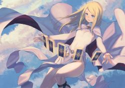 Rule 34 | 1girl, blonde hair, blue eyes, blue sky, blush, breasts, cape, card, cloud, cloudy sky, commentary request, day, dress, groin, long hair, long sleeves, multicolored cape, multicolored clothes, o-ring, original, outdoors, pantyhose, parted lips, peroncho, red cape, sky, small breasts, smile, solo, white cape, white dress, white pantyhose