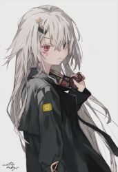 Rule 34 | 1girl, black jacket, closed mouth, colored eyelashes, commentary request, from side, grey background, grey eyes, grey hair, gun, hair between eyes, hair ornament, hairclip, heterochromia, highres, holding, holding gun, holding weapon, jacket, long sleeves, looking at viewer, looking to the side, mouth hold, original, red eyes, scyze, signature, simple background, solo, weapon, weapon request