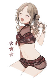 Rule 34 | 1girl, absurdres, arm support, bare shoulders, bikini, black nails, black ribbon, blush, bow, bracelet, breasts, brown hair, cleavage, closed eyes, dot nose, floral print, front-tie bikini top, front-tie top, hair bow, hair bun, hair ribbon, hand up, higawari (higawarikn), highres, holding, holding own hair, ichikawa hinana, idolmaster, idolmaster shiny colors, jewelry, lace, lace-trimmed bikini, lace trim, large breasts, layered bikini, long hair, nail polish, navel, open mouth, parted bangs, pearl bracelet, print bikini, red bikini, ribbon, see-through swimsuit, simple background, single hair bun, single side bun, sitting, smile, solo, swimsuit, white background