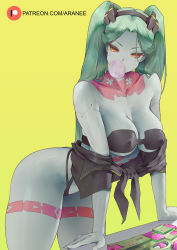 Rule 34 | 1girl, alternate breast size, araneesama, artificial eye, bare shoulders, black bra, black jacket, black panties, bra, breasts, blowing bubbles, chewing gum, cleavage, collarbone, colored sclera, colored skin, cyberpunk (series), cyberpunk edgerunners, forehead, green hair, gun, hairband, highres, jacket, leg tattoo, long hair, looking to the side, mechanical eye, medium breasts, neck tattoo, panties, parted bangs, rebecca (cyberpunk), red eyes, red sclera, solo, stomach tattoo, tattoo, thighs, twintails, underwear, weapon, white skin, yellow background