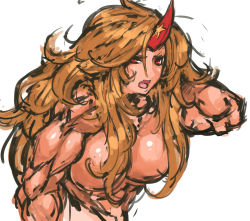 Rule 34 | 1girl, abs, arm behind head, blonde hair, breasts, convenient censoring, curly hair, fang, hand in own hair, horns, hoshiguma yuugi, large breasts, long hair, muscular, muscular female, nameo (judgemasterkou), nude, oni, red eyes, simple background, single horn, solo, star (symbol), touhou, white background