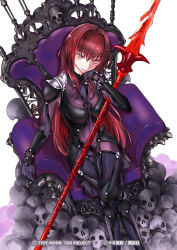 Rule 34 | 1girl, armor, artist request, bodysuit, breasts, head rest, fate/grand order, fate (series), gae bolg (fate), highres, crossed legs, long hair, looking at viewer, pauldrons, pile of skulls, polearm, purple bodysuit, purple hair, red eyes, scathach (fate), scathach (fate), shoulder armor, sitting, skull, solo, spear, throne, too many, weapon