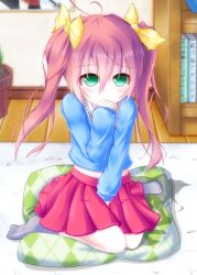 Rule 34 | 1girl, antenna hair, between legs, blue shirt, blush, bow, commentary request, full body, green eyes, grey socks, hair between eyes, hair bow, hand between legs, hand to own mouth, hand up, have to pee, indoors, karakuri neko (tkfm), long hair, long sleeves, midriff peek, miniskirt, no shoes, original, oshikko (karakuri neko (tkfm)), pink hair, pink skirt, pleated skirt, puffy long sleeves, puffy sleeves, sailor collar, sailor shirt, shirt, sitting, skirt, sleeves past wrists, socks, soles, solo, tearing up, tears, twintails, wariza, white sailor collar, yellow bow