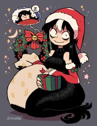 Rule 34 | 2girls, :3, absurdres, bell, black dress, breasts, christmas, christmas wreath, closed eyes, detached sleeves, dress, gift, gloves, grey background, hat, highres, kneeling, long fingers, long hair, medium breasts, merry christmas, multiple girls, noss &amp; zakuro, noss (rariatto), open hands, outside border, pantyhose, pointy ears, rariatto (ganguri), red hair, red sleeves, ribbed dress, sack, santa dress, santa hat, sleeping, twitter username, vampire, wavy mouth, white bag, wreath, zakuro (rariatto)