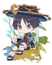 Rule 34 | 1boy, animal, animal ears, artist name, belt, black belt, black footwear, black fur, black gloves, black hair, black shirt, black shorts, black socks, blue cape, blue flower, blue gemstone, blue headwear, blunt ends, branch, cape, cat, cat ears, cat tail, chibi, chinikuniku, closed eyes, closed mouth, dated, eyeshadow, fingerless gloves, flower, gem, genshin impact, gloves, gold trim, hand up, hat, jewelry, jingasa, leaf, leg warmers, looking down, lying, lying on person, makeup, on stomach, open clothes, open vest, parted bangs, purple belt, purple eyes, red eyeshadow, ring, sandals, scaramouche (cat) (genshin impact), scaramouche (genshin impact), shirt, short hair, short sleeves, shorts, simple background, sitting, sleeping, sleeveless, sleeveless shirt, socks, tail, vest, vision (genshin impact), wanderer (genshin impact), watermark, white background, white flower, white vest