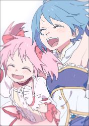 Rule 34 | 2girls, ^ ^, arm up, armpits, blue hair, blurry, blush stickers, bubble skirt, buttons, choker, clenched hand, close-up, closed eyes, depth of field, dot nose, facing viewer, flat chest, frilled sleeves, frills, gloves, hair ribbon, happy, kaname madoka, laughing, light blush, mahou shoujo madoka magica, mahou shoujo madoka magica (anime), miki sayaka, multiple girls, muusinnkyp, open mouth, pink hair, pink ribbon, puffy short sleeves, puffy sleeves, ribbon, short hair, short sleeves, side-by-side, simple background, skirt, soul gem, strapless, tareme, teeth, twintails, upper body, upper teeth only, v-shaped eyebrows, white background, white gloves