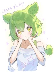 Rule 34 | 1girl, bare shoulders, blush, collarbone, green hair, hands up, highres, long hair, looking at viewer, low ponytail, mofudoggu, off-shoulder sweater, off shoulder, open mouth, pea pod, short sleeves, simple background, solo, sweater, upper body, very long hair, voicevox, white background, yellow eyes, zunda party night (voicevox), zundamon