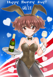 Rule 34 | 10s, 1girl, alisa (girls und panzer), american flag, animal ears, black bow, black bowtie, black pantyhose, bottle, bow, bowtie, breasts, brown eyes, brown hair, brown leotard, cleavage, closed mouth, collar, commentary request, covered navel, cowboy shot, cup, dated, drinking glass, english text, fake animal ears, fake tail, flag background, freckles, girls und panzer, hair ornament, heart, holding, kuromori yako, leotard, looking at viewer, medium breasts, pantyhose, playboy bunny, rabbit ears, rabbit tail, short hair, short twintails, side-tie leotard, smile, solo, sparkle, standing, star (symbol), star hair ornament, strapless, strapless leotard, tail, tray, twintails, white collar, wine bottle, wine glass, wing collar, wrist cuffs