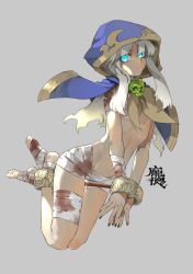 Rule 34 | 1girl, absurdres, anklet, bandages, barefoot, bdsm, blood, blue eyes, bondage, bound, breasts, cuffs, glowing, glowing eyes, handcuffs, highres, hood, jewelry, lamian (pixiv415608), long hair, looking at viewer, nail polish, navel, original, silver hair, skull, small breasts, solo, topless