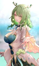Rule 34 | 1girl, antlers, asaikeu, braid, branch, breasts, ceres fauna, cleavage, dress, flower, green hair, hair flower, hair ornament, highres, hololive, hololive english, horns, large breasts, leaf, looking at viewer, looking to the side, loose clothes, medium hair, parted lips, reaching, reaching towards viewer, standing, virtual youtuber, wavy hair, yellow eyes