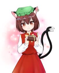 Rule 34 | 1girl, animal ear fluff, animal ear piercing, animal ears, bow, bowtie, box, brown eyes, brown hair, cat ears, cat tail, chen, commentary request, cowboy shot, earrings, fang, fang out, gift, gift box, gold trim, green hat, hair between eyes, hands up, hat, head tilt, highres, holding, holding box, jewelry, light blush, light smile, looking at viewer, mob cap, multiple tails, nail polish, nekomata, qi lang3568, red nails, red skirt, red vest, short hair, simple background, single earring, skirt, skirt set, solo, sparkle, tail, touhou, two tails, vest, white background, yellow bow, yellow bowtie