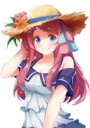 Rule 34 | 10s, 1girl, bad id, bad pixiv id, blue eyes, blue ribbon, blush, breasts, cleavage, closed mouth, collarbone, flower, hair ornament, hair ribbon, hairclip, hat, highres, kyuu (chiu850513), long hair, minamoto sakura, pink ribbon, polka dot, polka dot ribbon, red hair, ribbon, simple background, smile, solo, straw hat, white background, zombie land saga