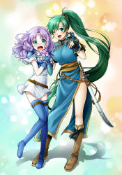 Rule 34 | 2girls, armor, blouse, blue background, blush, boots, box, breastplate, breasts, chocolate, circlet, dress, elbow gloves, embarrassed, fingerless gloves, fire emblem, fire emblem: the blazing blade, fire emblem heroes, florina (fire emblem), full body, gift, gift box, gloves, green eyes, green hair, high ponytail, highres, jewelry, knees together feet apart, leg up, light purple hair, long hair, looking at viewer, lyn (fire emblem), multiple girls, nintendo, open mouth, ponytail, shirt, short hair, smile, standing, sword, thigh boots, thighhighs, very long hair, weapon, yuino (fancy party), zettai ryouiki