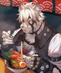 1boy animal_ears ascot bicep_strap black_gloves blowing_on_food blush bowl chopsticks claws colored_tips commentary eyepatch fingerless_gloves food furry furry_male gloves grey_vest highres holding holding_chopsticks holding_spoon male_focus multicolored_hair mussel noodles nt_kichi8642 open_mouth ramen red_ascot red_eyes shirt shrimp sleeves_rolled_up spoon sweat vest von_lycaon white_shirt wolf_boy wolf_ears zenless_zone_zero