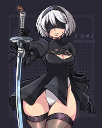 Rule 34 | 1girl, 2b (nier:automata), artist request, black thighhighs, blindfold, curvy, fireworks, highres, holding, holding weapon, leotard, leotard under clothes, lips, nier:automata, nier (series), shiny skin, smile, sparkler, thighhighs, weapon, white eyes, white hair, white leotard, wide hips