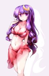 Rule 34 | 1girl, braid, breasts, cleavage, collarbone, crescent, crescent hair ornament, female focus, fumitsuki (minaduki 6), hair ornament, large breasts, long hair, looking at viewer, low-tied long hair, navel, patchouli knowledge, purple eyes, purple hair, sarong, see-through, simple background, solo, swimsuit, touhou, twin braids, very long hair, white background