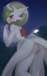 Rule 34 | 1girl, absurdres, ass, back, blue sky, blurry, blurry background, blush, bob cut, breasts, breath, censored, colored skin, creatures (company), dark, depth of field, elbow gloves, female focus, from behind, game freak, gardevoir, gen 3 pokemon, gloves, gradient sky, green hair, half-closed eyes, hand to own mouth, hand up, highres, large breasts, leaning forward, leg up, looking at viewer, looking back, mega gardevoir, mega pokemon, moon, mosaic censoring, narrow waist, night, nintendo, no panties, outdoors, pokemon, pokemon (creature), presenting, pussy, red eyes, saliva, saliva trail, shengtian, shiny skin, short hair, sky, solo, standing, standing on one leg, star (sky), thighs, tongue, tongue out, topless, tree, white gloves, white skin