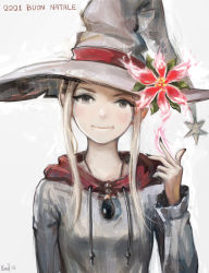 Rule 34 | 1girl, 2021, absurdres, commentary, elvafirst, flower, grey eyes, hat, hat flower, highres, hood, hood down, italian commentary, magic, merry christmas, original, pointy ears, signature, smile, solo, upper body, white hair, white hat, witch hat
