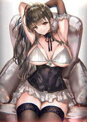 Rule 34 | 1girl, armpits, arms up, black hair, black thighhighs, blush, breasts, chair, cleavage, closed mouth, collarbone, commentary, highres, large breasts, long hair, original, ran&#039;ou (tamago no kimi), red eyes, sitting, smile, symbol-only commentary, thighhighs, thighs, underboob