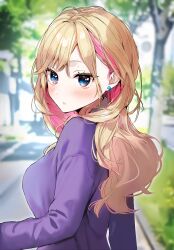 Rule 34 | 1girl, absurdres, blonde hair, blue eyes, blurry, blurry background, breasts, commentary request, day, depth of field, earrings, highres, jewelry, long hair, looking at viewer, looking to the side, medium breasts, multicolored hair, original, outdoors, pink hair, purple shirt, shirt, solo, tomozero, tree, two-tone hair, upper body