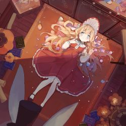 Rule 34 | 1girl, 1other, absurdres, animal ears, axleaki, blonde hair, blue eyes, blush, book, bottle, bow, bowtie, breasts, brown footwear, capelet, carpet, center frills, chair, closed mouth, commentary request, cover, cover page, dress, frilled dress, frills, full body, hands up, hat, highres, knees together feet apart, long hair, long sleeves, looking at viewer, lying, on back, on floor, original, out of frame, perfume bottle, rabbit ears, red dress, shadow, shoes, small breasts, thighhighs, top hat, white neckwear, white thighhighs