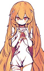 Rule 34 | 1girl, 3:, bandaged neck, bandages, bare shoulders, blood, blood bag, blush, closed mouth, dress, food, fruit, girls&#039; frontline, hair between eyes, highres, holding, long hair, looking at viewer, monochrome, orange theme, ribeyrolles (girls&#039; frontline), signature, sketch, solo, tosyeo, very long hair, white background