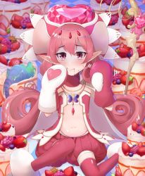 Rule 34 | blush, elf, food, gloves, hat, highres, long hair, neneka (princess connect!), pink eyes, pink hair, pointy ears, princess connect!, shimon (31426784), solo, sweets, tears, twintails