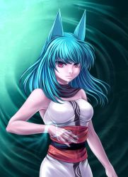 Rule 34 | 1girl, animal ears, blue hair, breasts, detached collar, dress, female focus, fox ears, gradient background, japanese clothes, red eyes, solo, tagme