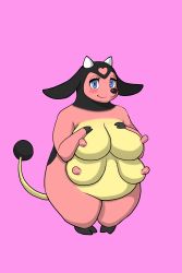Rule 34 | 1girl, absurdres, animal ears, blue eyes, blush, breasts, cow ears, creatures (company), extra breasts, feet, full body, furry, furry female, game freak, gen 2 pokemon, half-closed eyes, hands on own chest, hands up, heart, highres, hooves, horns, huge breasts, kewon, looking at viewer, miltank, nintendo, nipples, pink background, plump, pokemon, pokemon (creature), pokemon gsc, simple background, smile, solo, standing, tail