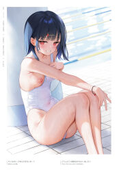 Rule 34 | 1girl, black hair, blush, breasts, covered navel, hair ornament, hairclip, highres, ichigo-chan (mignon), looking at viewer, medium breasts, mignon, nipples, one-piece swimsuit, original, parted lips, pool, red eyes, shiny skin, short hair, simple background, sitting, small breasts, solo, swimsuit, thighs, white swimsuit