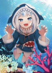 Rule 34 | 1girl, :d, animal hood, atora, bad id, bad pixiv id, blue eyes, blue hair, blue hoodie, blue nails, blurry, blurry foreground, claw pose, commentary request, coral, day, depth of field, drawstring, gawr gura, gawr gura (1st costume), hands up, highres, hololive, hololive english, hood, hood up, hoodie, long sleeves, looking at viewer, multicolored hair, nail polish, ocean, open mouth, outdoors, shark hood, sharp teeth, shoes, smile, solo, streaked hair, teeth, underwater, virtual youtuber, water, white footwear, white hair, wide sleeves