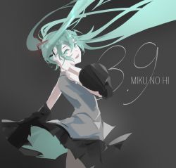 Rule 34 | 1girl, 39, aqua necktie, arm up, bare shoulders, blue bow, blue nails, blush, bow, closed mouth, collar, commentary, eyelashes, frills, grey background, hair between eyes, harikoe, hatsune miku, headphones, highres, looking at viewer, miku day, nail polish, necktie, pleated skirt, shirt, simple background, skirt, sleeveless, sleeveless shirt, solo, tie clip, upper body, vocaloid, wide sleeves